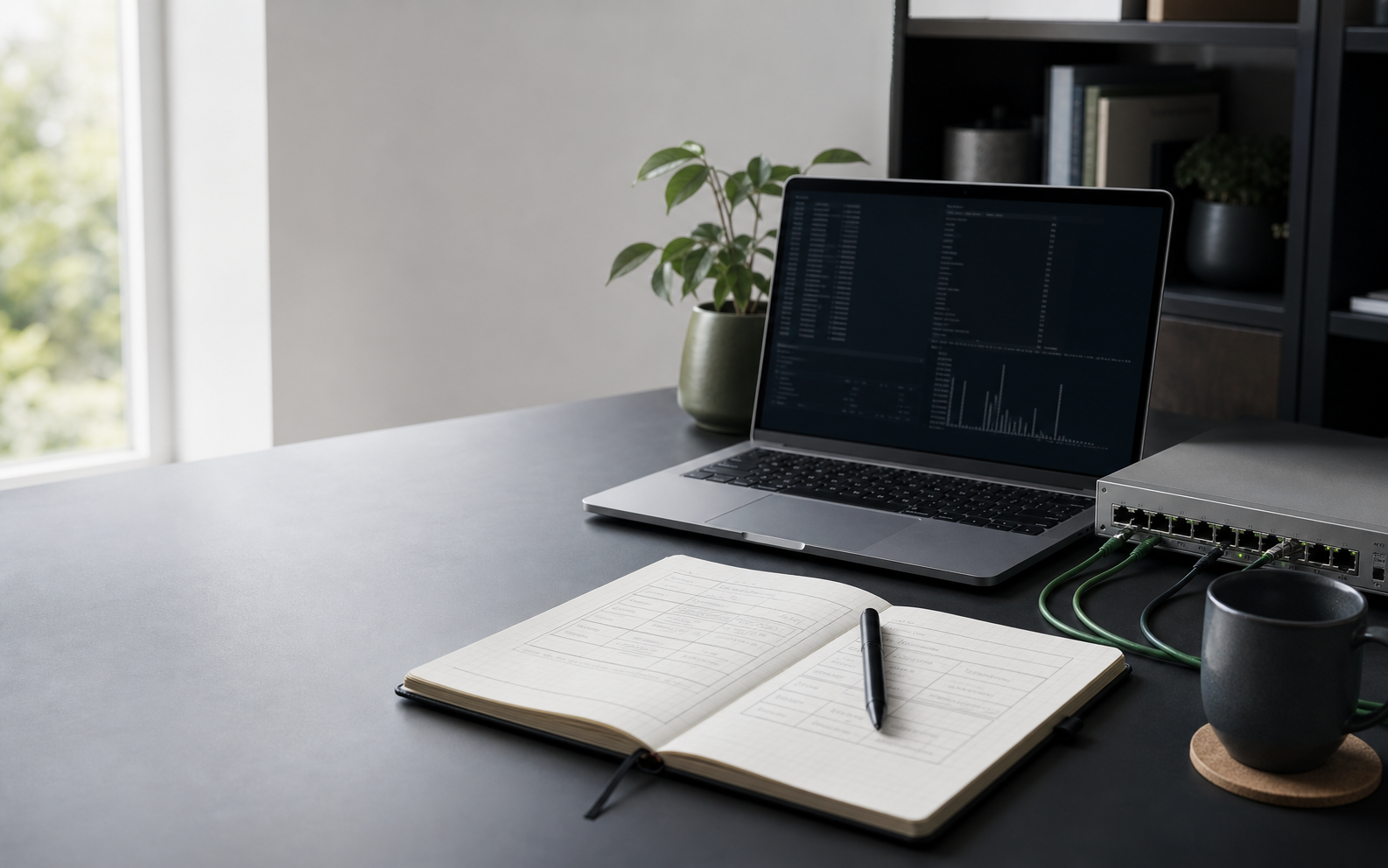 Desk with laptop, notebook, and network equipment